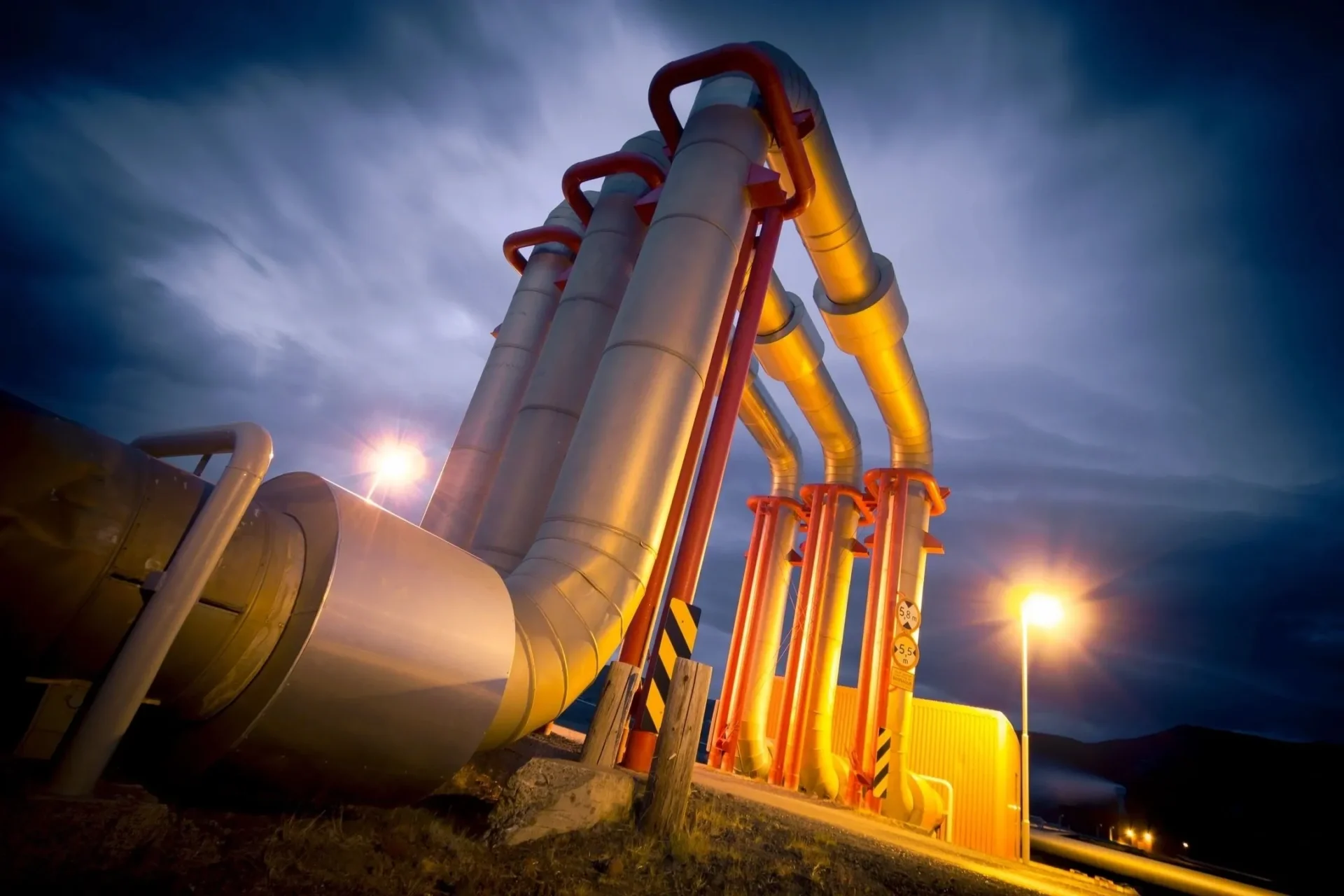 Close up view of a pipeline at night